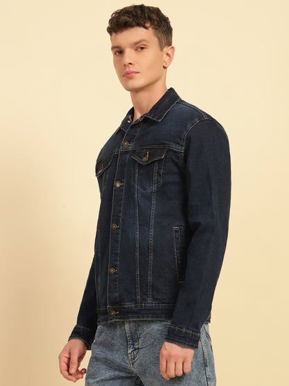 Denim Jacket for Men | Premium Casual Jacket Smart Fit Spread Collar Cotton Blend Fabric Solid Pattern