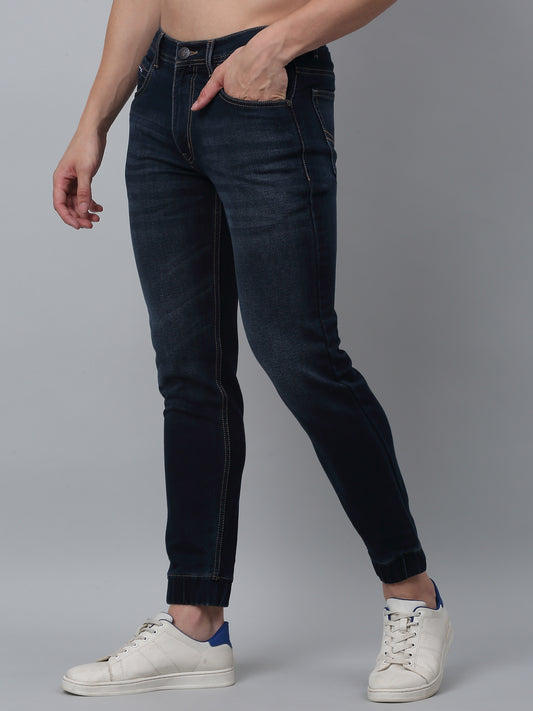 Dark Blue Solid Cotton Blend Mid Rise Full Length Regular Fit Casual Jogger For Men