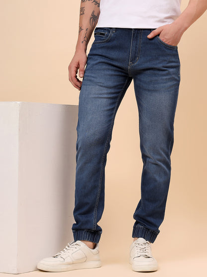 Men Blue Denim Solid Full Length Regular Fit Jogger