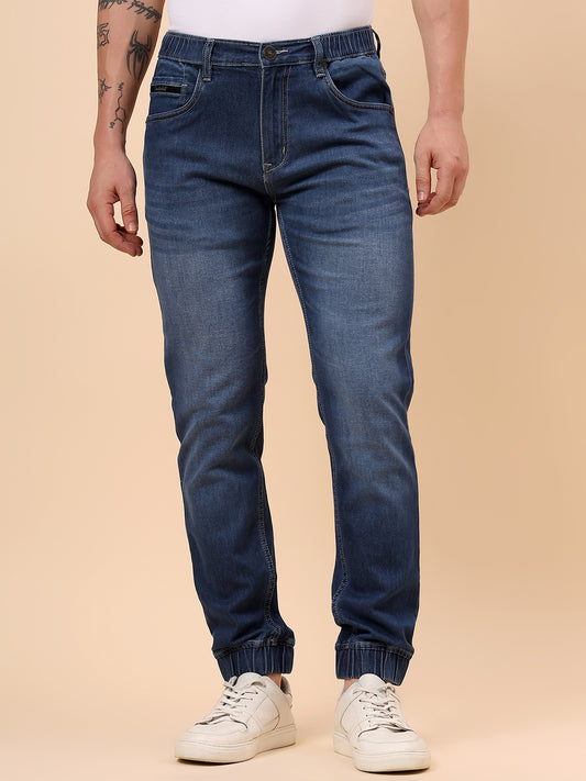 Men Blue Denim Solid Full Length Regular Fit Jogger