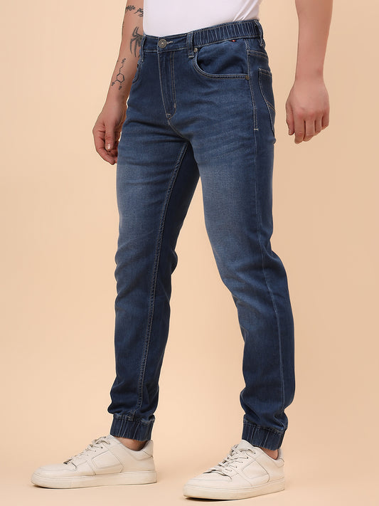 Men Blue Denim Solid Full Length Regular Fit Jogger