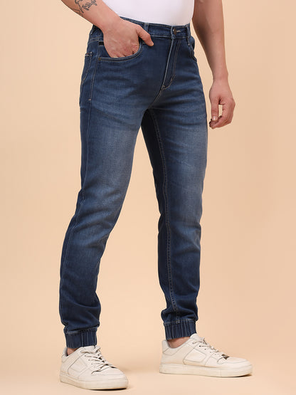 Men Blue Denim Solid Full Length Regular Fit Jogger