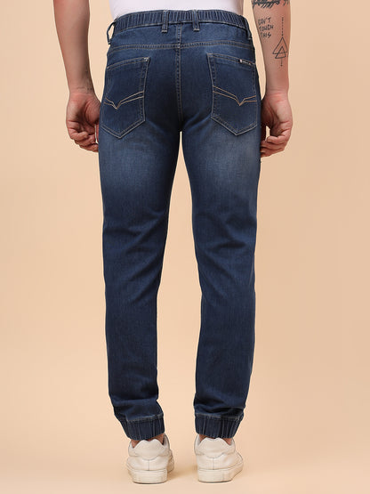 Men Blue Denim Solid Full Length Regular Fit Jogger