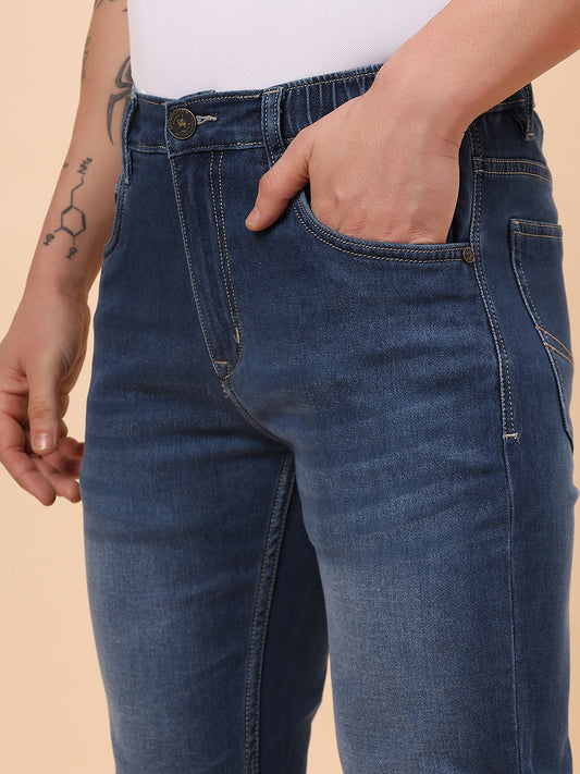 Men Blue Denim Solid Full Length Regular Fit Jogger
