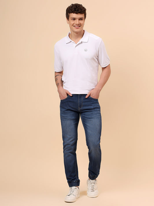 Men Blue Denim Solid Full Length Regular Fit Jogger