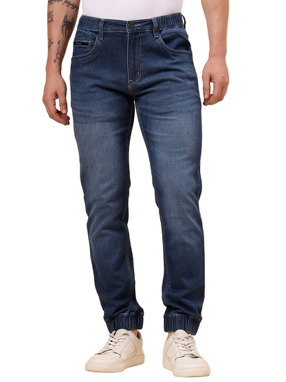 Men Blue Denim Solid Full Length Regular Fit Jogger