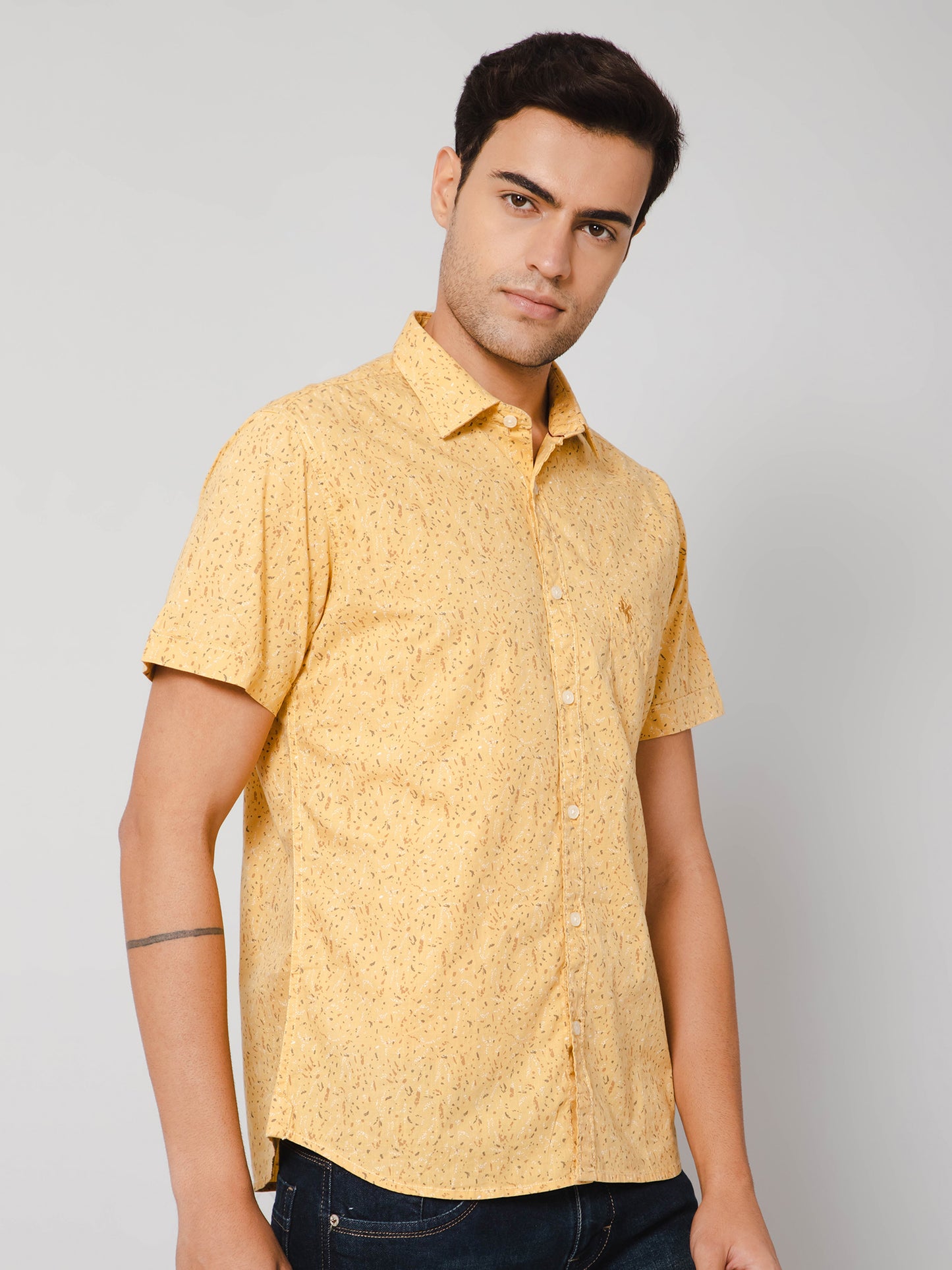 Cantabil Men Cotton Printed Mustard Half Sleeve Casual Shirt for Men with Pocket (7112563523723)