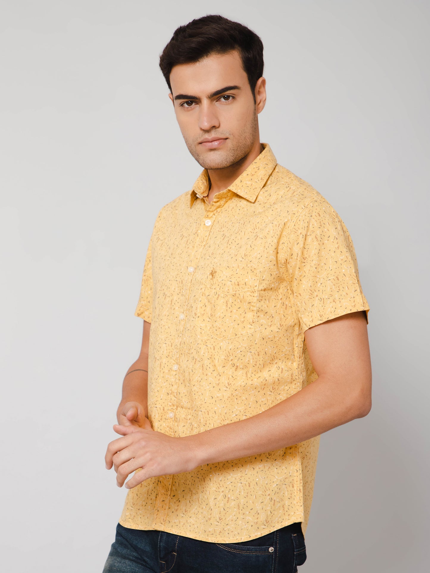 Cantabil Men Cotton Printed Mustard Half Sleeve Casual Shirt for Men with Pocket (7112563523723)