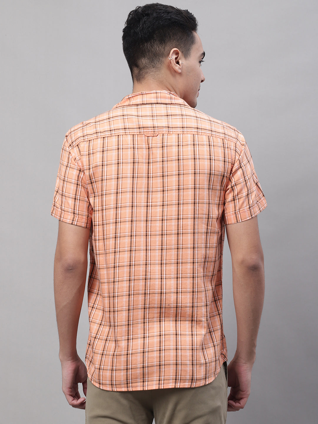 Cantabil Men Cotton Checkered Peach Half Sleeve Casual Shirt for Men with Pocket (7092843413643)