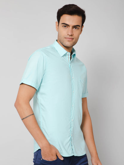 Cantabil Men Cotton Solid Turquoise Half Sleeve Casual Shirt for Men with Pocket (7112554610827)