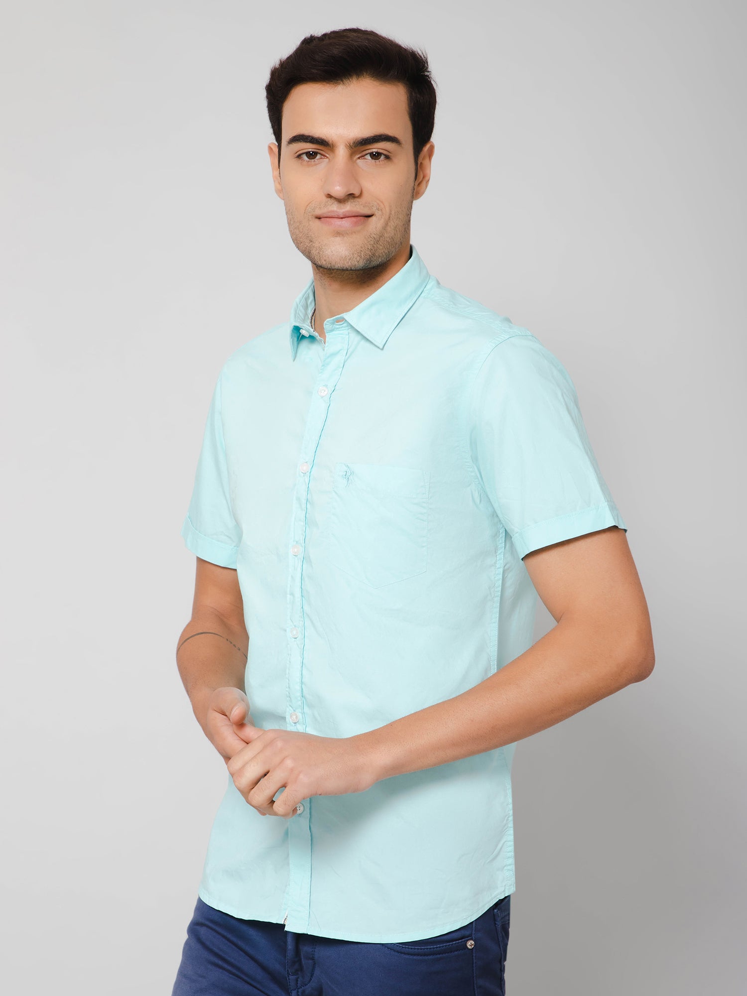 Cantabil Men Cotton Solid Turquoise Half Sleeve Casual Shirt for Men with Pocket (7112554610827)