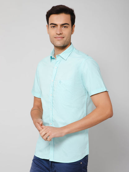 Cantabil Men Cotton Solid Turquoise Half Sleeve Casual Shirt for Men with Pocket (7112554610827)