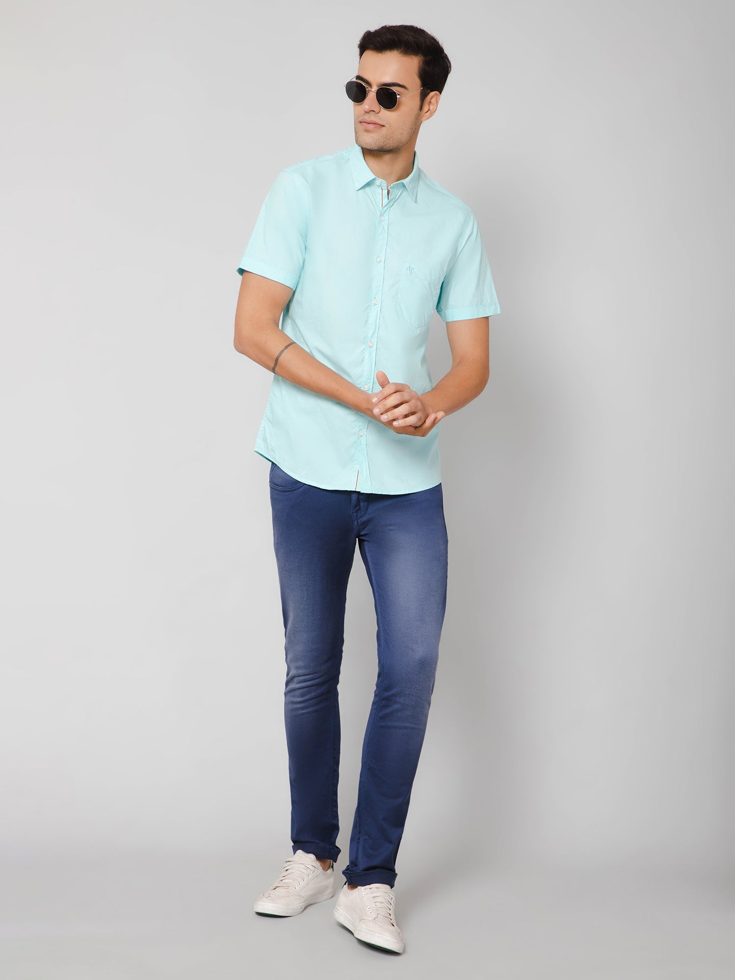 Cantabil Men Cotton Solid Turquoise Half Sleeve Casual Shirt for Men with Pocket (7112554610827)