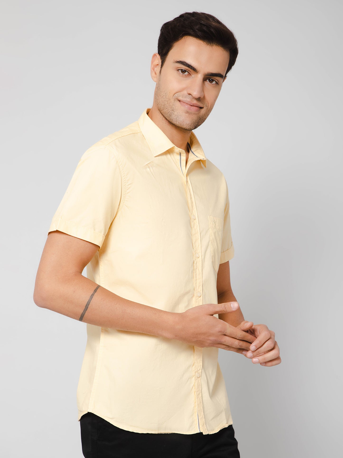 Cantabil Men Cotton Solid Yellow Half Sleeve Casual Shirt for Men with Pocket (7112555331723)