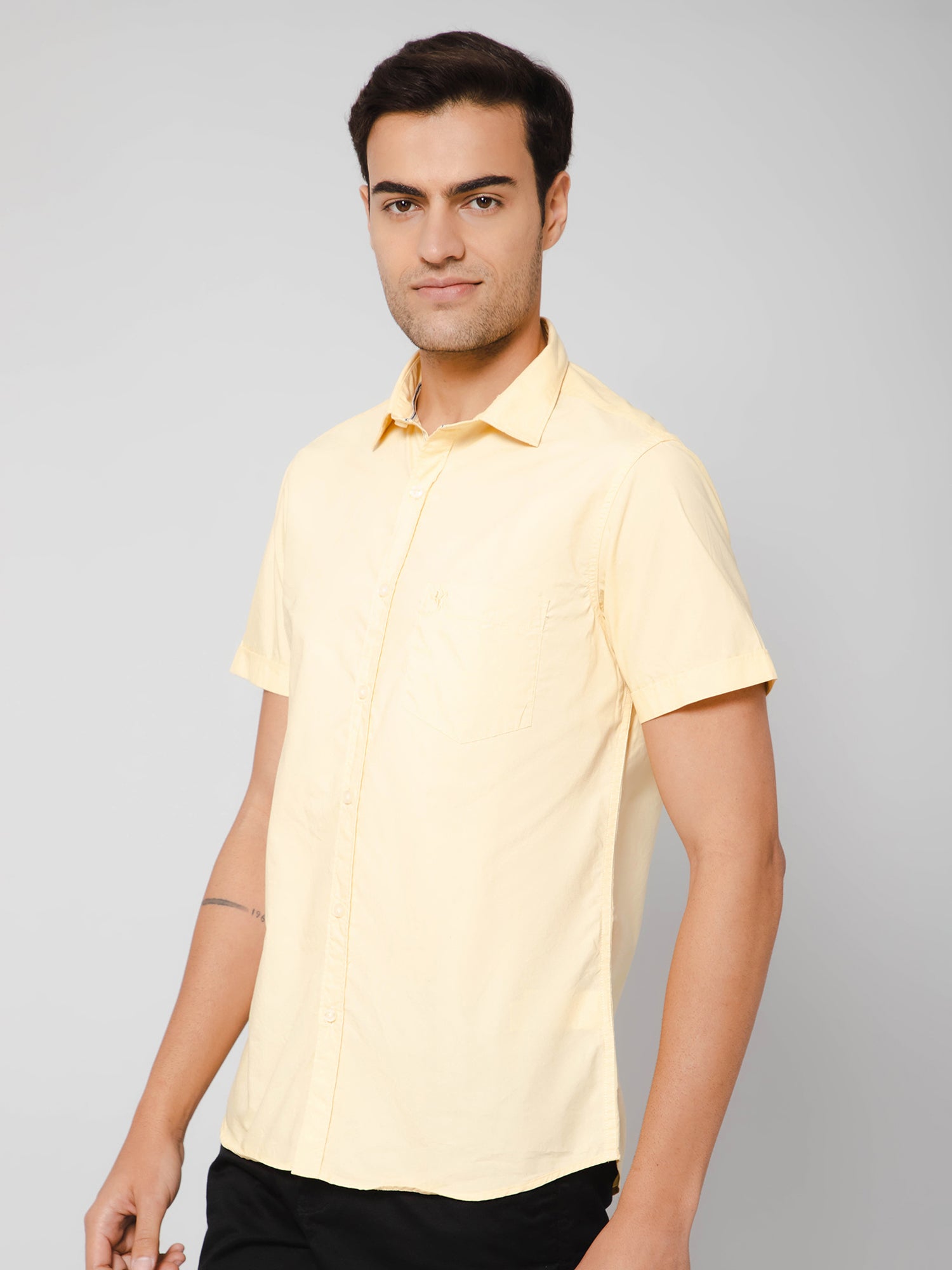 Cantabil Men Cotton Solid Yellow Half Sleeve Casual Shirt for Men with Pocket (7112555331723)