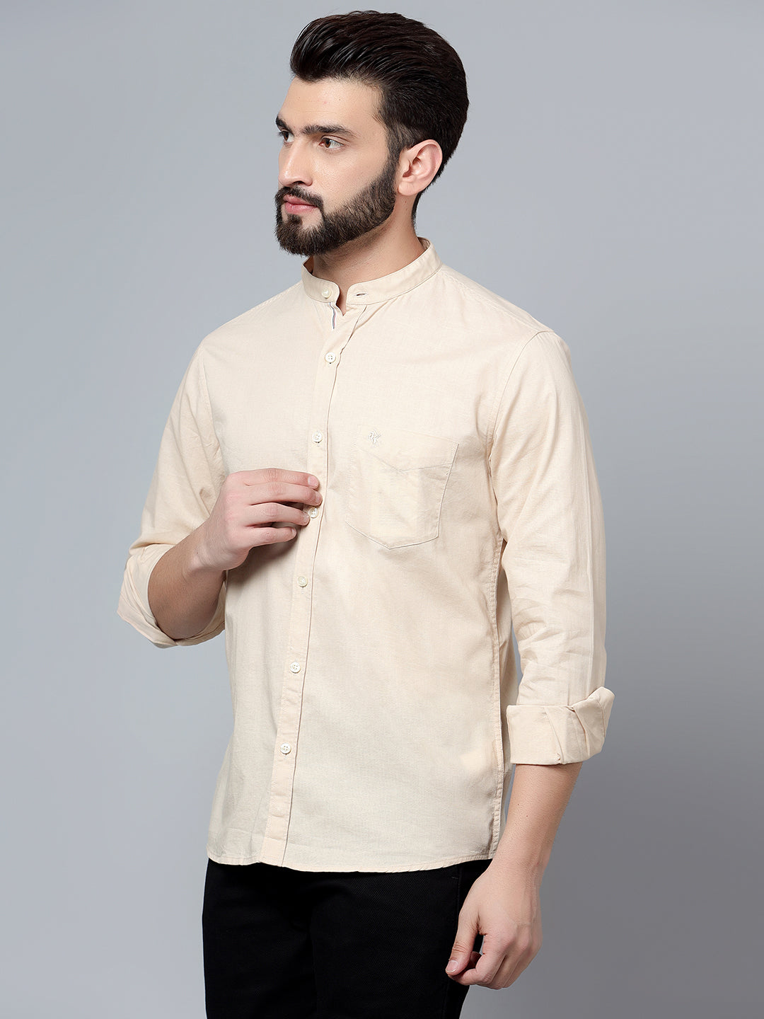 Cantabil Men Cotton Solid Beige Full Sleeve Casual Shirt for Men with Pocket (7120898457739)