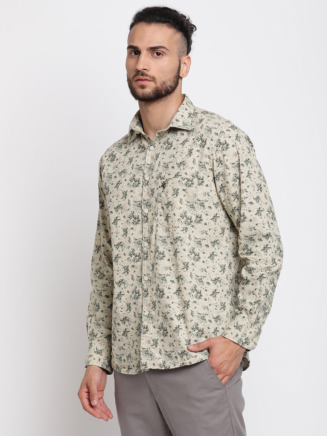 Cantabil Men Cotton Printed Khaki Full Sleeve Casual Shirt for Men with Pocket (6767213805707)