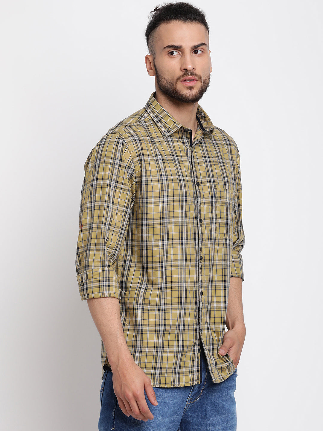 Cantabil Men Cotton Checkered Khaki Full Sleeve Casual Shirt for Men with Pocket (6767244804235)