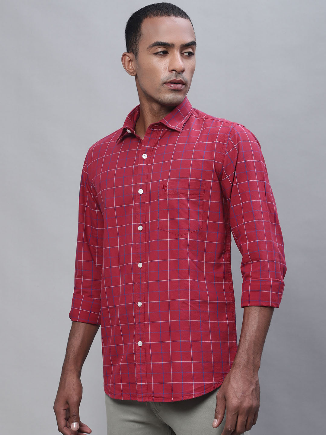 Cantabil Men Cotton Checkered Red Full Sleeve Casual Shirt for Men with Pocket (7113375547531)