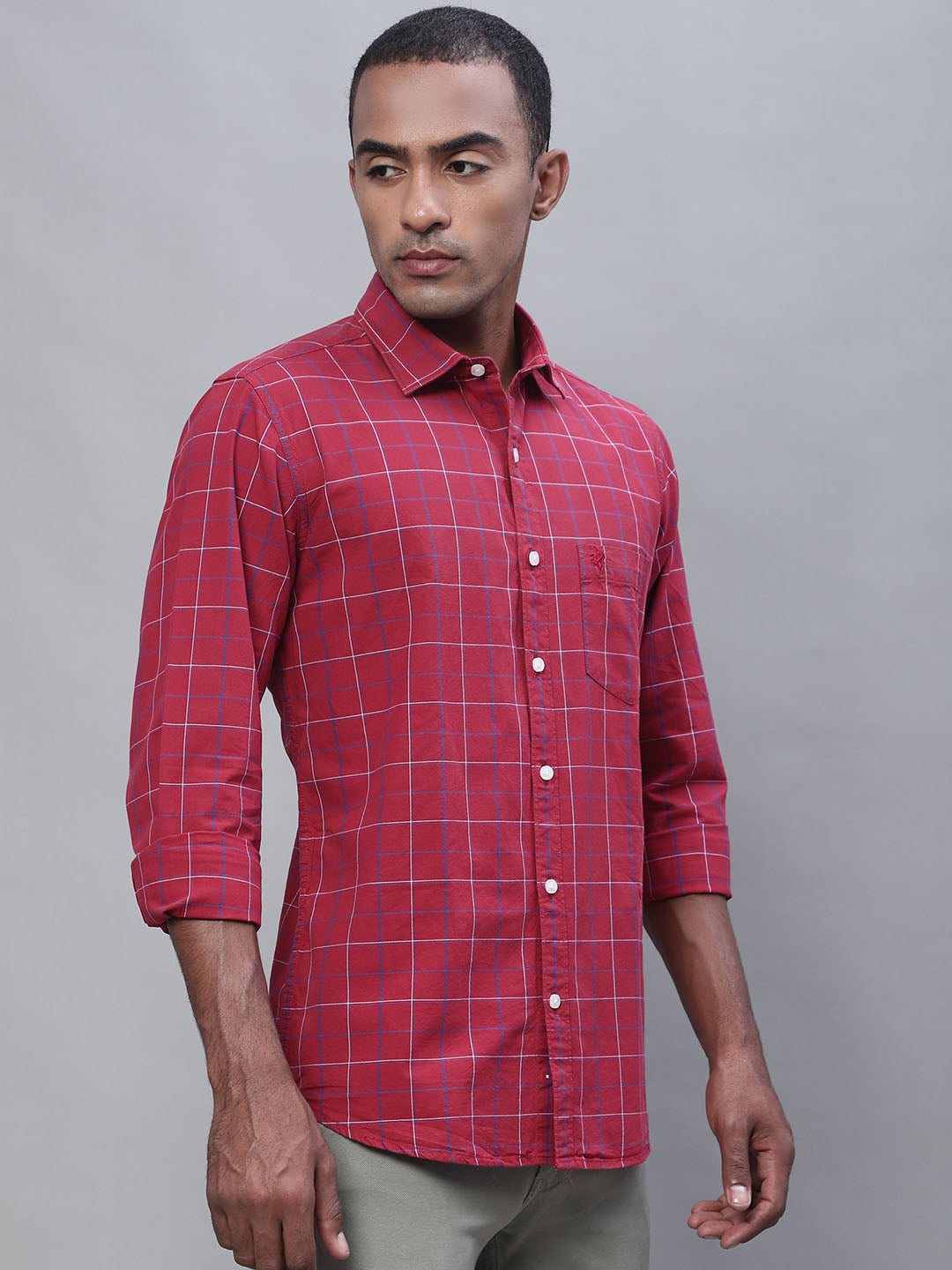 Cantabil Men Cotton Checkered Red Full Sleeve Casual Shirt for Men with Pocket (7113375547531)