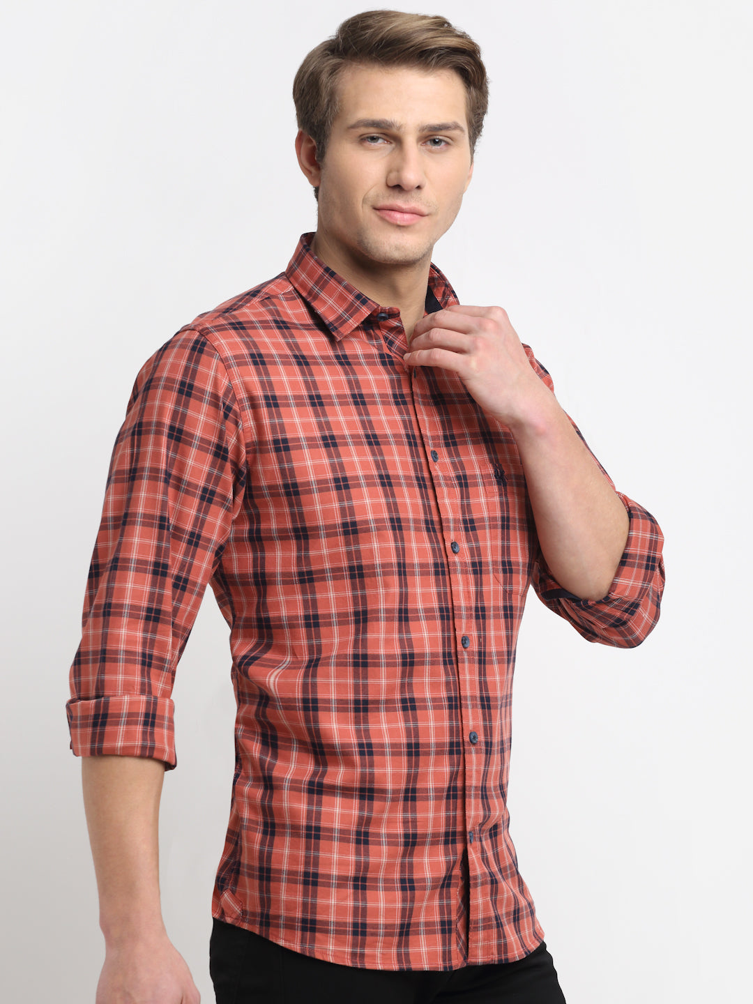 Cantabil Men Cotton Checkered Red Full Sleeve Casual Shirt for Men with Pocket (6729608003723)