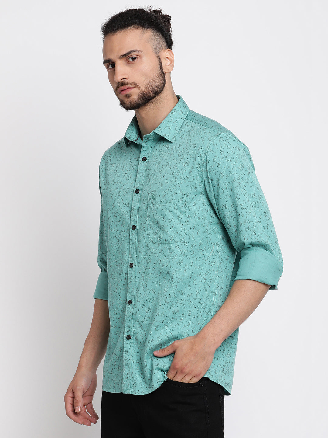 Cantabil Men Cotton Printed Green Full Sleeve Casual Shirt for Men with Pocket (6767380234379)