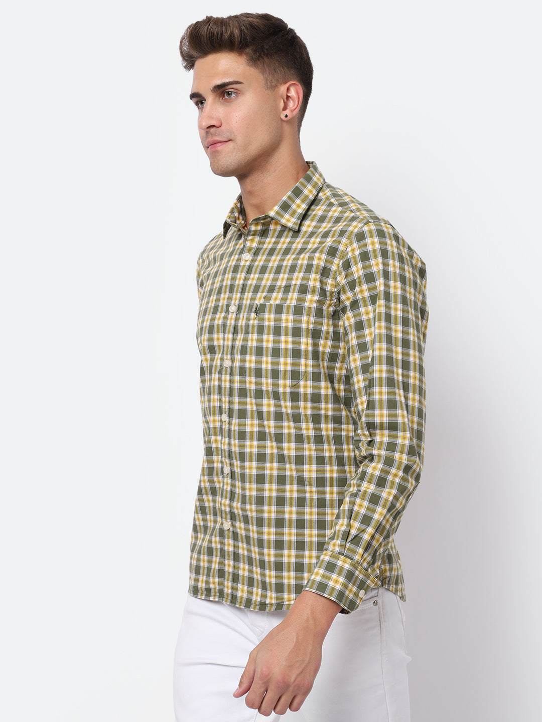 Cantabil Men Cotton Checkered Olive Full Sleeve Casual Shirt for Men with Pocket (6927870722187)