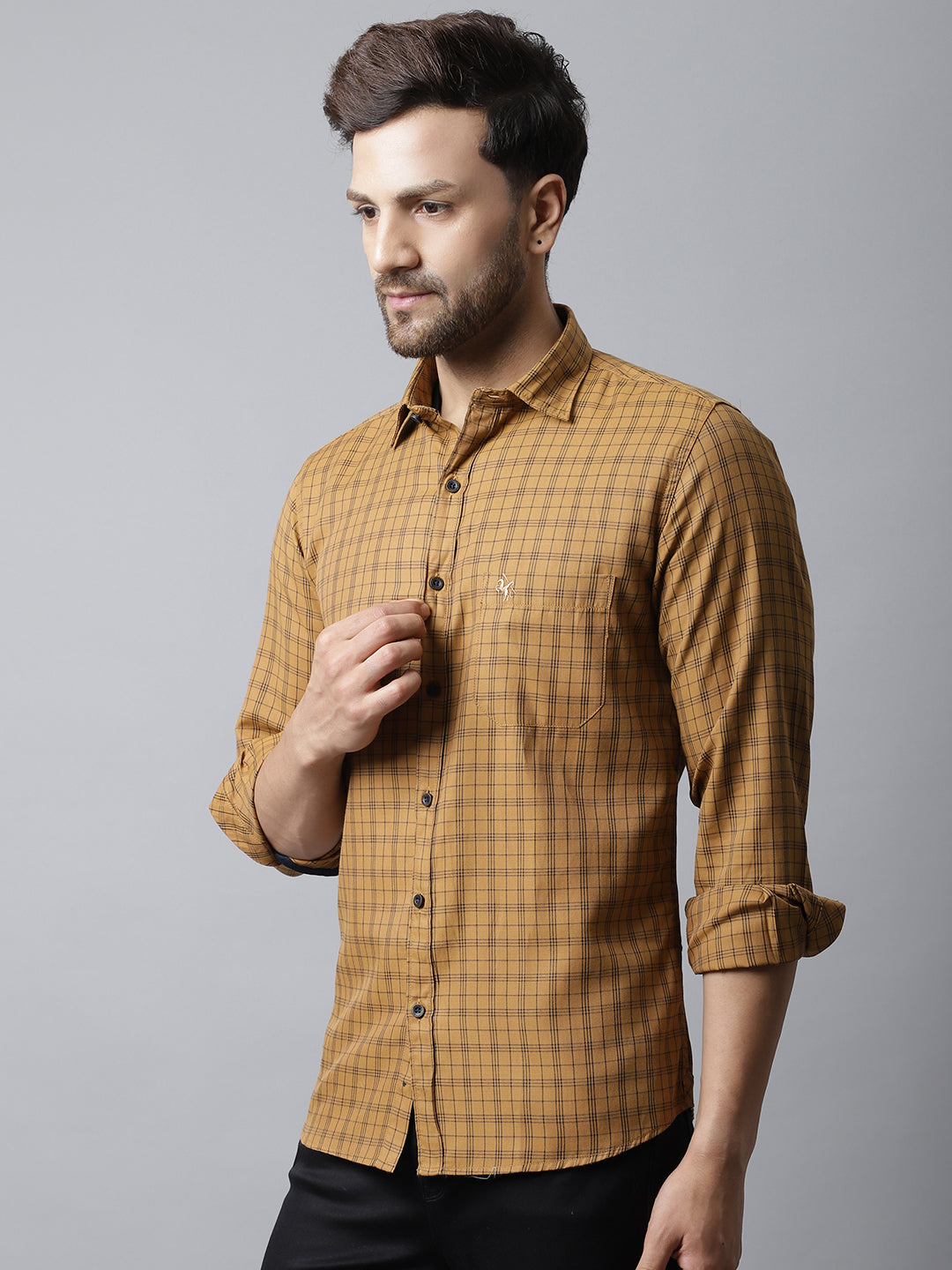 Cantabil Men Cotton Blend Brown Checkered Full Sleeve Casual Shirt for Men with Pocket (7048374845579)