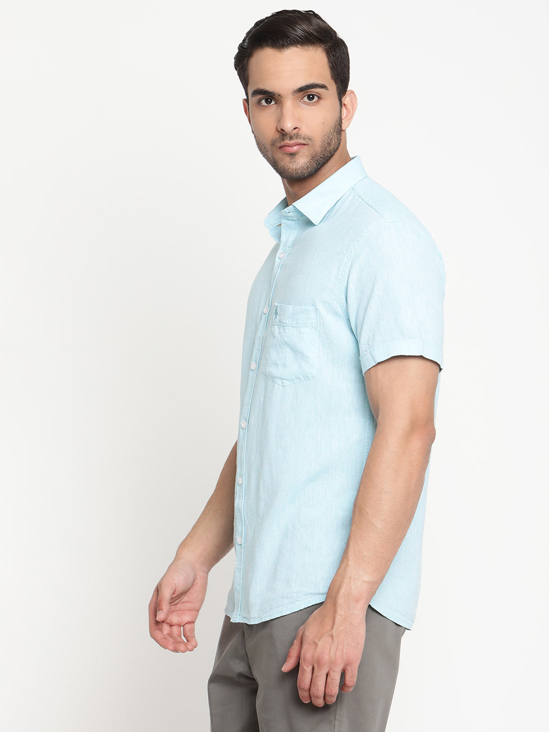 Cantabil Men Cotton Blend Solid Turquoise Half Sleeve Casual Shirt for Men with Pocket (6792984658059)