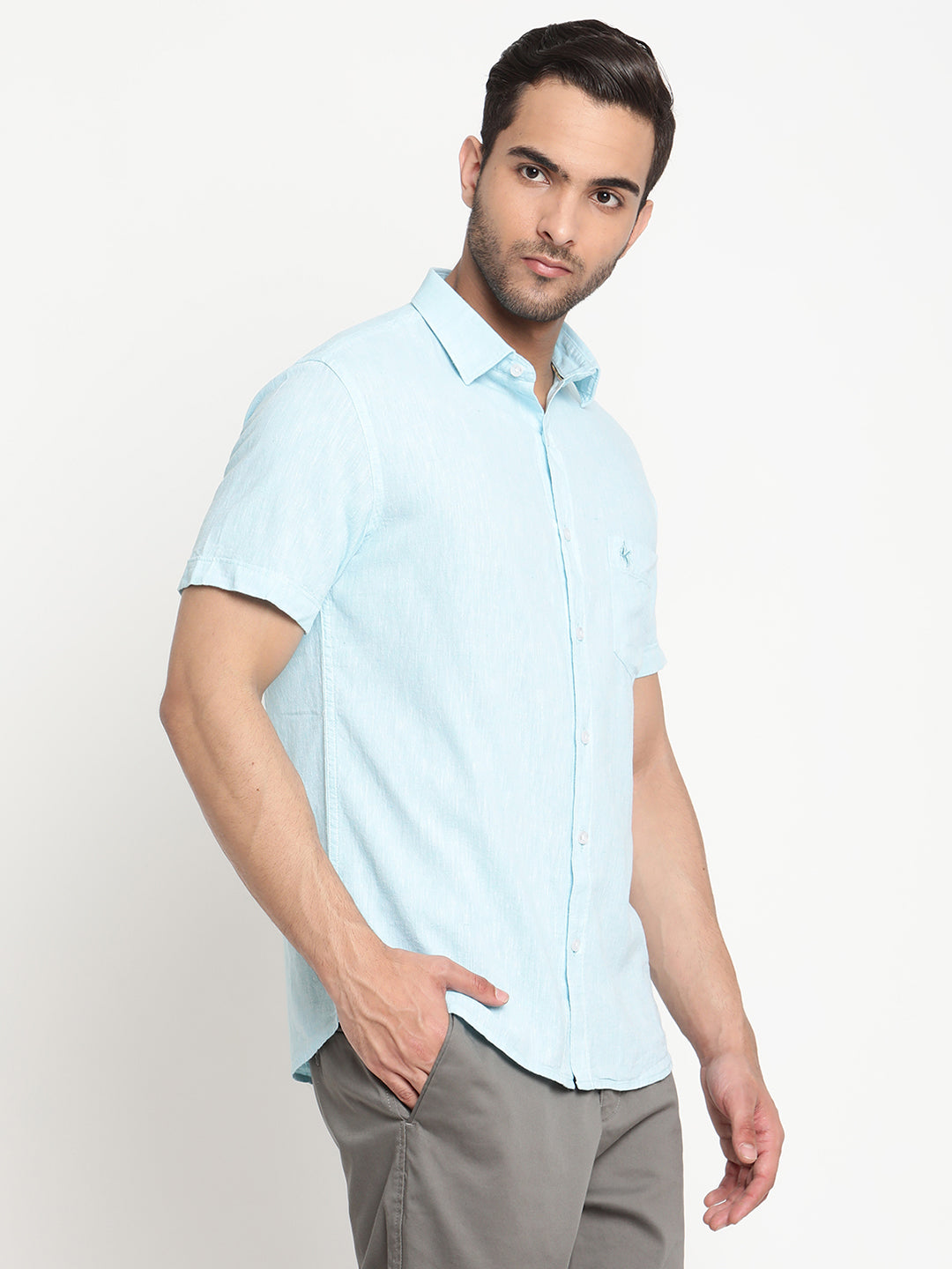 Cantabil Men Cotton Blend Solid Turquoise Half Sleeve Casual Shirt for Men with Pocket (6792984658059)