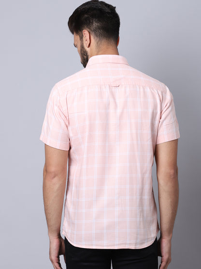 Cantabil Men Cotton Checkered Pink Half Sleeve Casual Shirt for Men with Pocket (7002603159691)