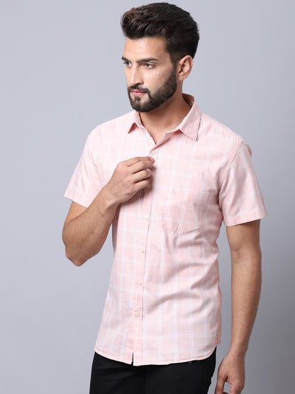 Cantabil Men Cotton Checkered Pink Half Sleeve Casual Shirt for Men with Pocket (7002603159691)