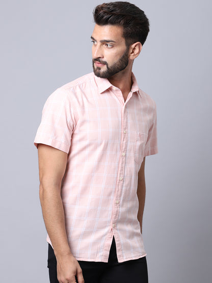 Cantabil Men Cotton Checkered Pink Half Sleeve Casual Shirt for Men with Pocket (7002603159691)