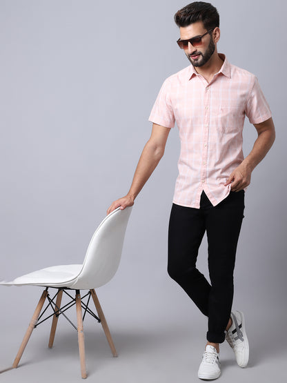 Cantabil Men Cotton Checkered Pink Half Sleeve Casual Shirt for Men with Pocket (7002603159691)