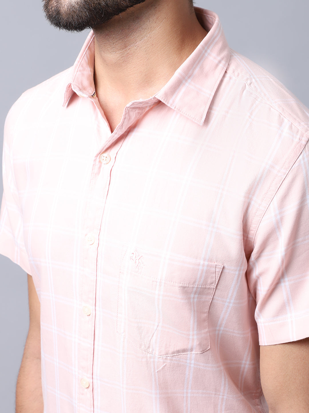 Cantabil Men Cotton Checkered Pink Half Sleeve Casual Shirt for Men with Pocket (7002603159691)