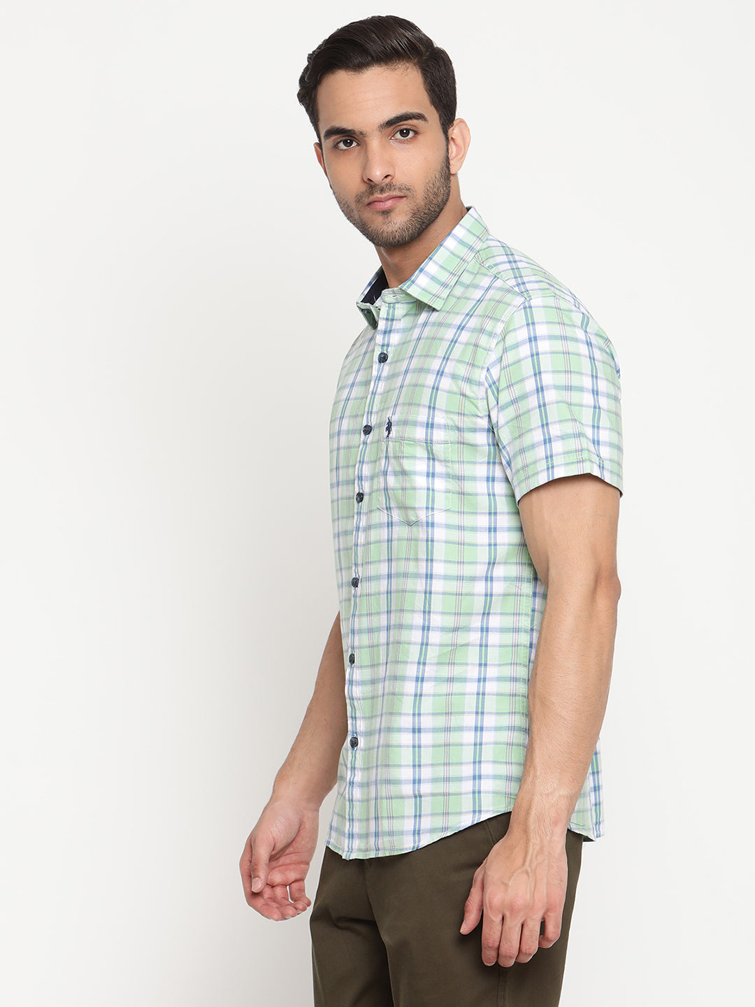 Cantabil Men Cotton Checkered Light Green Half Sleeve Casual Shirt for Men with Pocket (6793018671243)