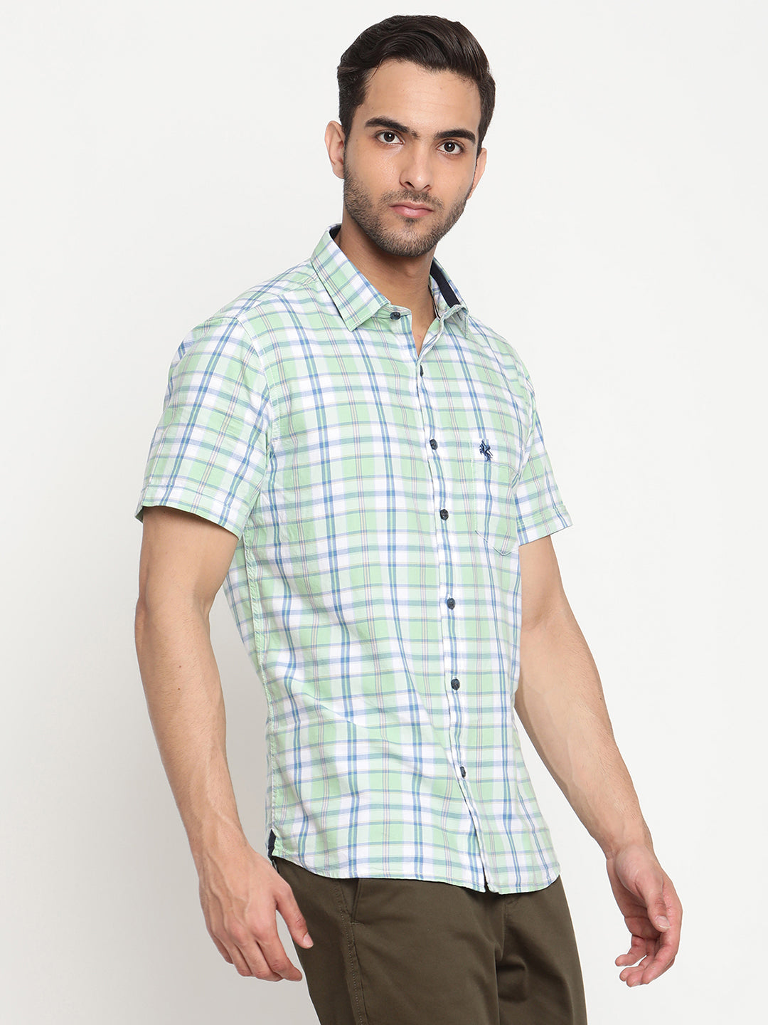 Cantabil Men Cotton Checkered Light Green Half Sleeve Casual Shirt for Men with Pocket (6793018671243)