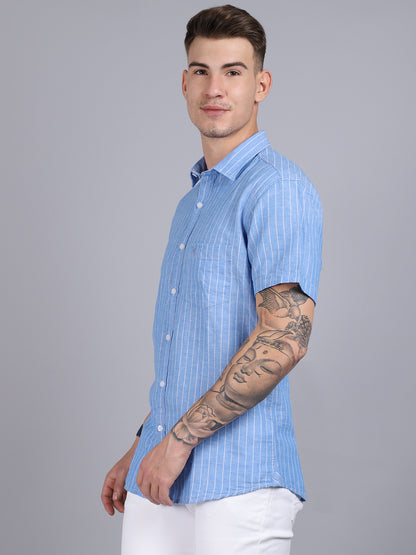 Cantabil Men Cotton Blend Striped Blue Half Sleeve Casual Shirt for Men with Pocket (6853576949899)