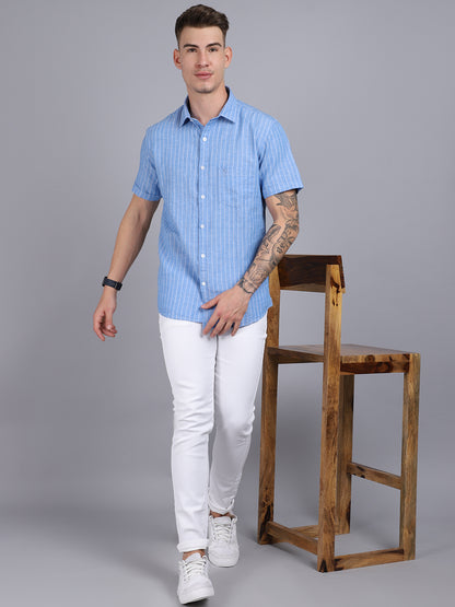 Cantabil Men Cotton Blend Striped Blue Half Sleeve Casual Shirt for Men with Pocket (6853576949899)