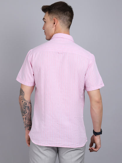 Cantabil Men Cotton Blend Striped Pink Half Sleeve Casual Shirt for Men with Pocket (6853767790731)