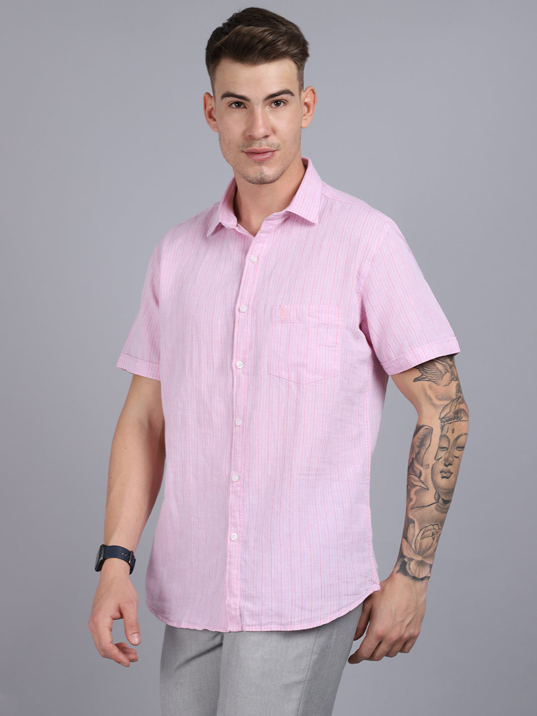 Cantabil Men Cotton Blend Striped Pink Half Sleeve Casual Shirt for Men with Pocket (6853767790731)