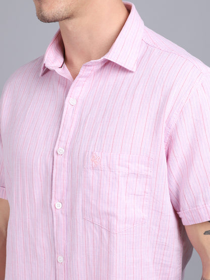 Cantabil Men Cotton Blend Striped Pink Half Sleeve Casual Shirt for Men with Pocket (6853767790731)