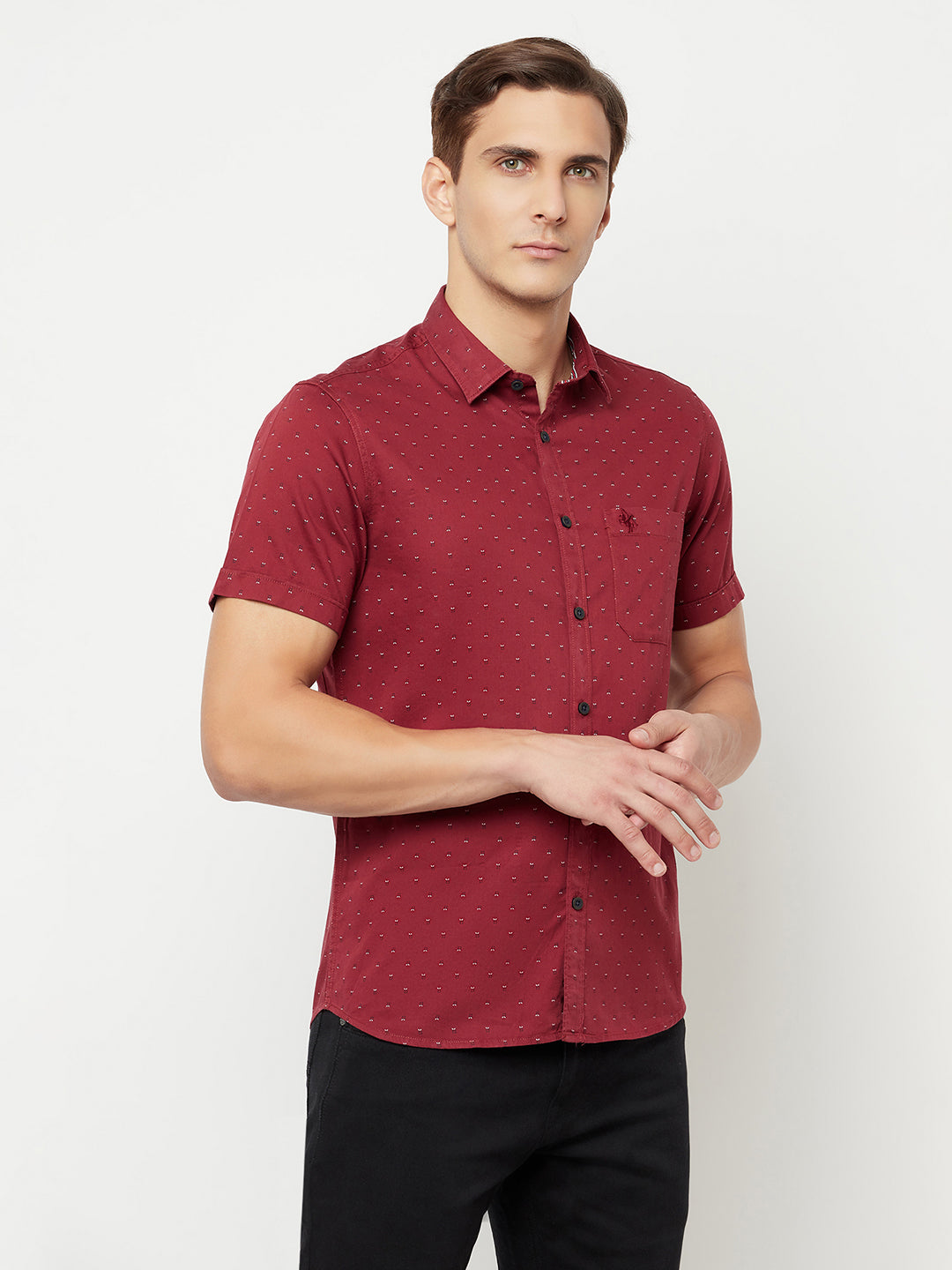 Cantabil Men Cotton Printed Maroon Half Sleeve Casual Shirt for Men with Pocket (6816147669131)