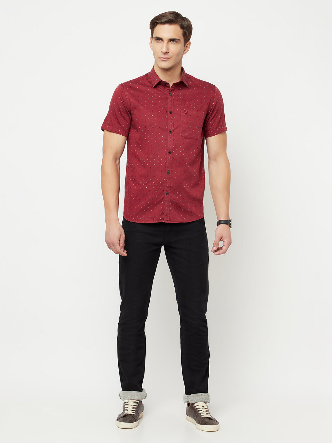 Cantabil Men Cotton Printed Maroon Half Sleeve Casual Shirt for Men with Pocket (6816147669131)