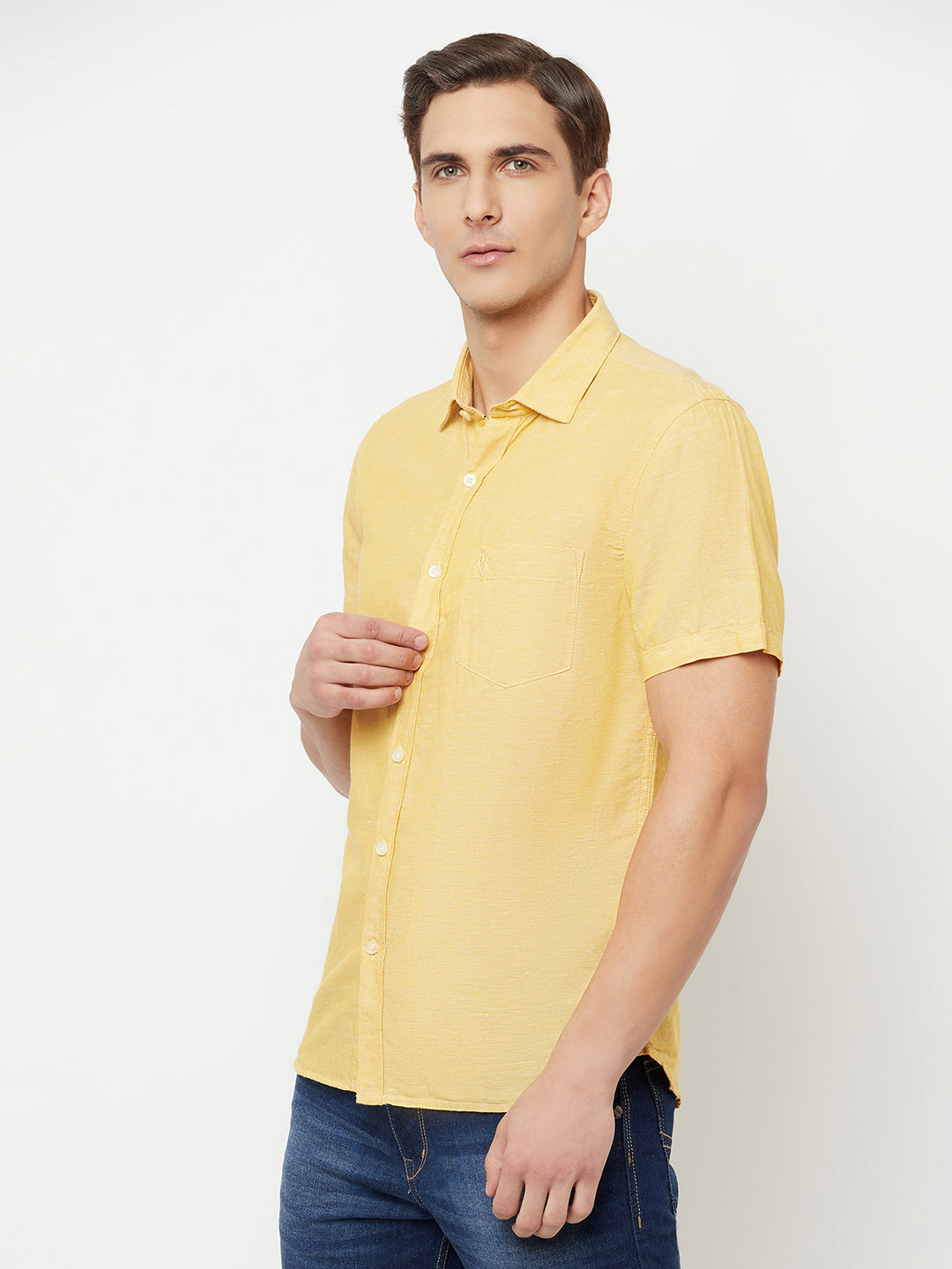 Cantabil Men Cotton Blend Mustard Solid Half Sleeve Casual Shirt for Men with Pocket (6816141508747)