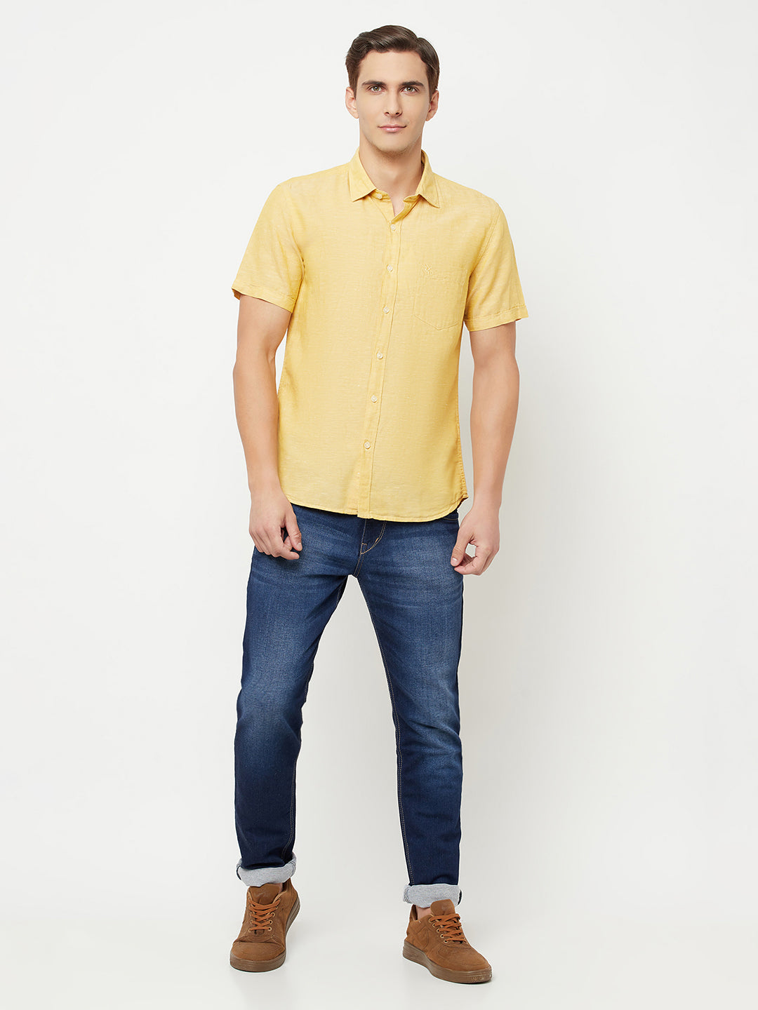 Cantabil Men Cotton Blend Mustard Solid Half Sleeve Casual Shirt for Men with Pocket (6816141508747)