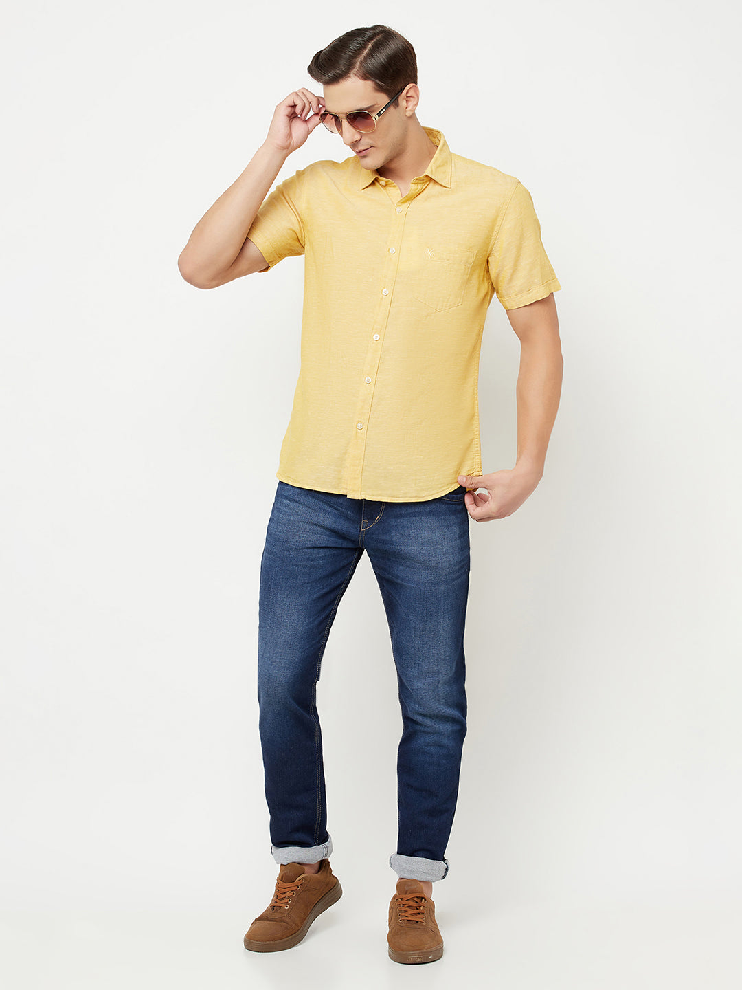 Cantabil Men Cotton Blend Mustard Solid Half Sleeve Casual Shirt for Men with Pocket (6816141508747)