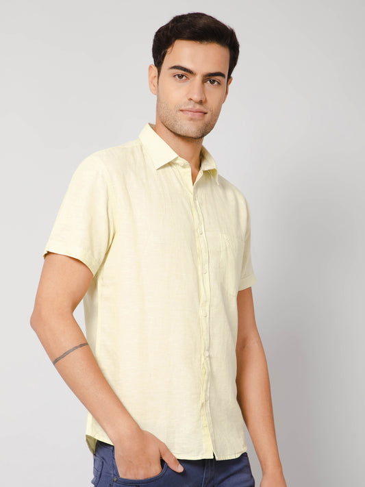 Men's Light Yellow Casual Plain Half Sleeve Shirt