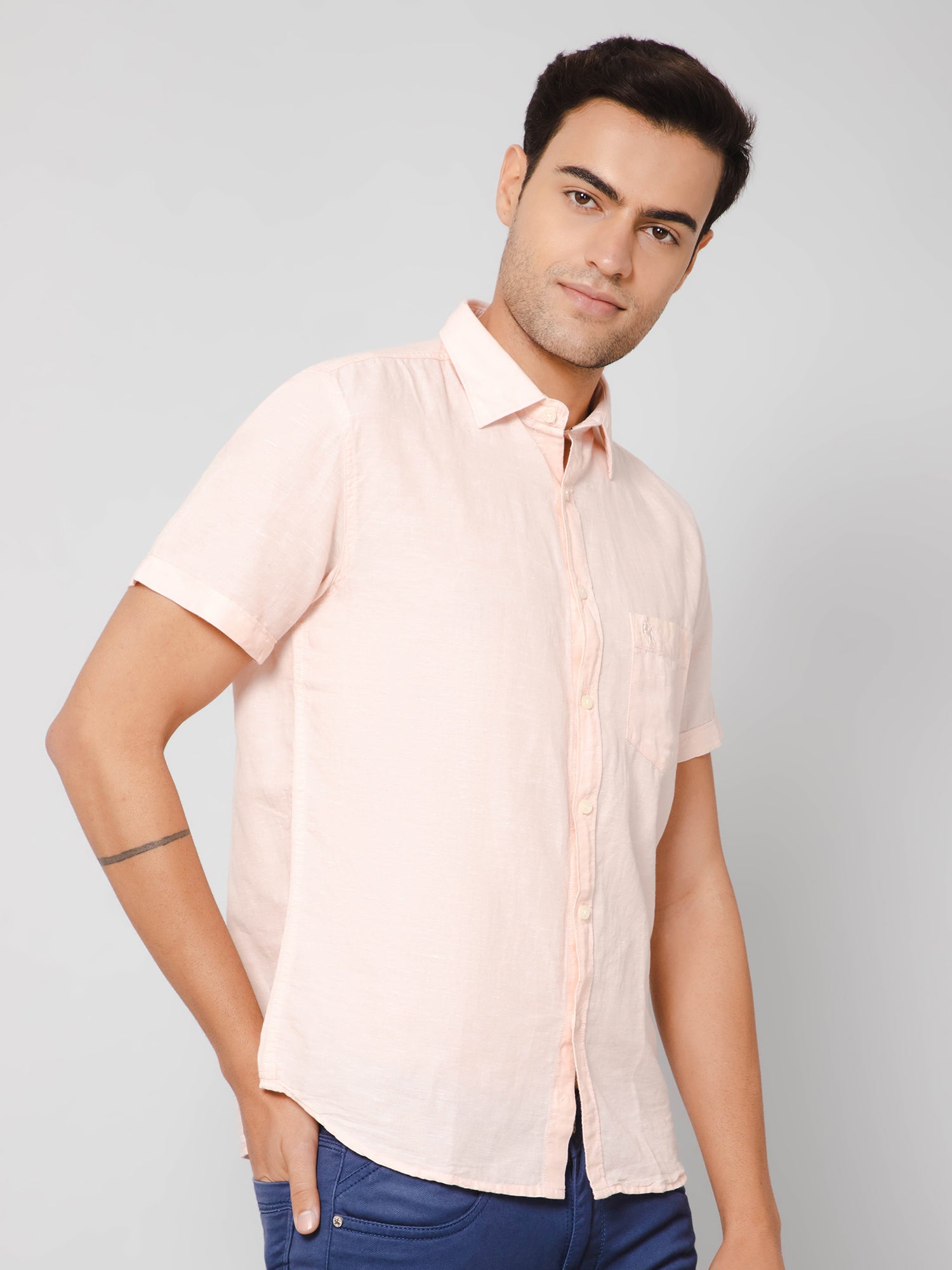 Cantabil Men Cotton Blend Peach Solid Half Sleeve Casual Shirt for Men with Pocket (7113295822987)