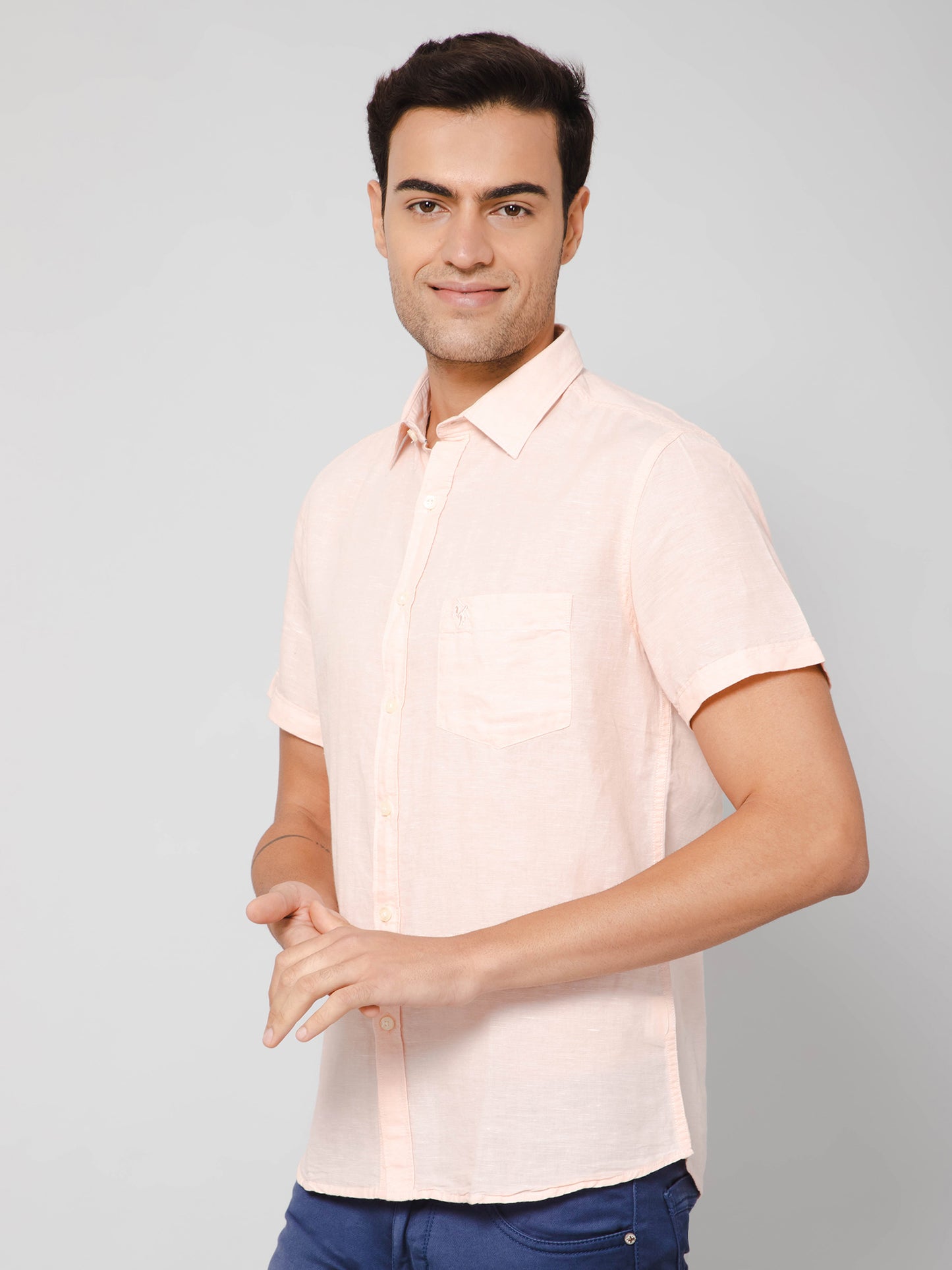 Cantabil Men Cotton Blend Peach Solid Half Sleeve Casual Shirt for Men with Pocket (7113295822987)